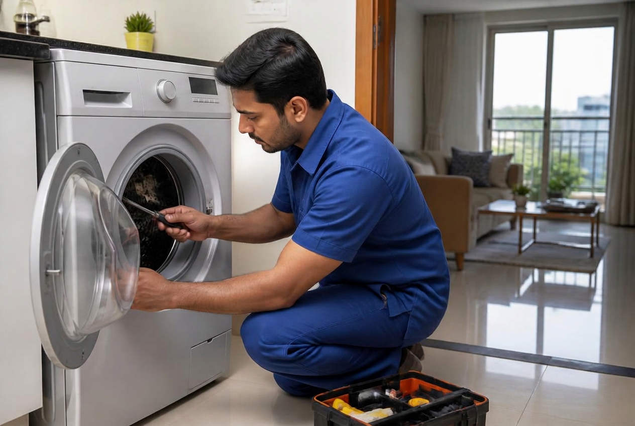 Technician repairing a front-load washing machine at a home in Bangalore