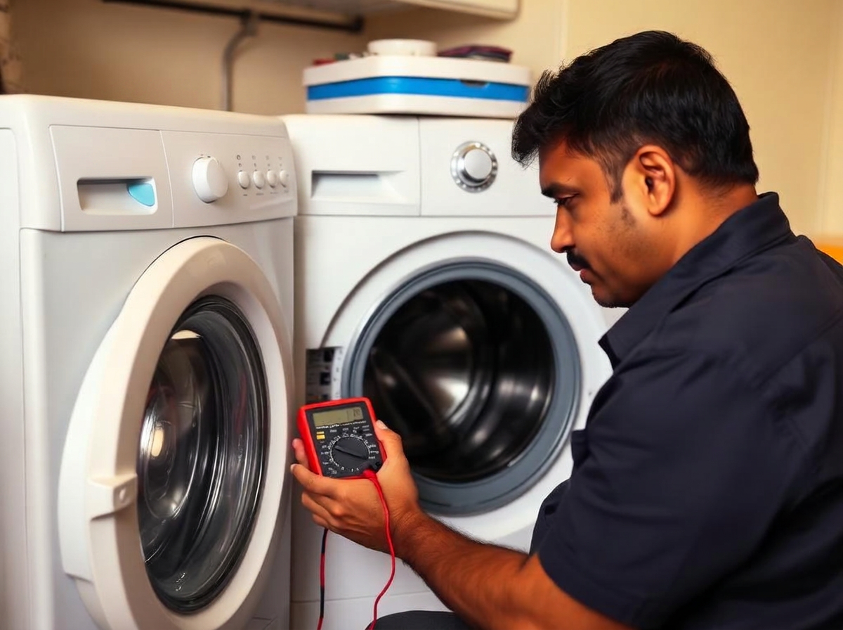 Technician testing washing machine control panel wiring with a multimeter