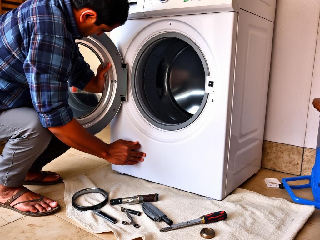 Technician replacing the door gasket and drum bearing of a front-load washing machine